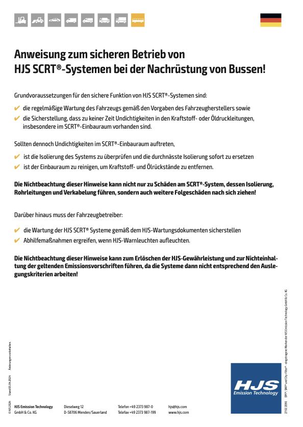 Anweisung zum sicheren Betrieb von HJS SCRT®-Systemen bei der Nachrüstung von Bussen!