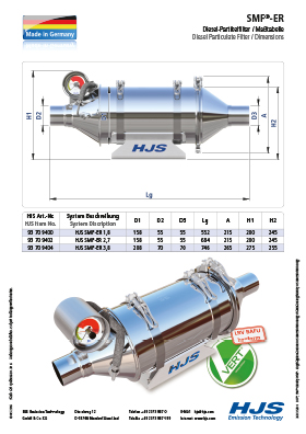HJS • SMF®-ER • Diesel-Partikelfilter / Maßtabelle / Dimen