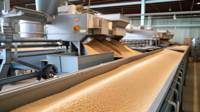 Industrial belt conveyor moving pellets, pet food industry.