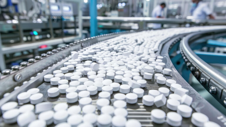 Pharmaceutical production line: medical vials and tablets manufacturing, automated process of drug production in modern pharmaceutical facilities, ensuring quality and efficiency.