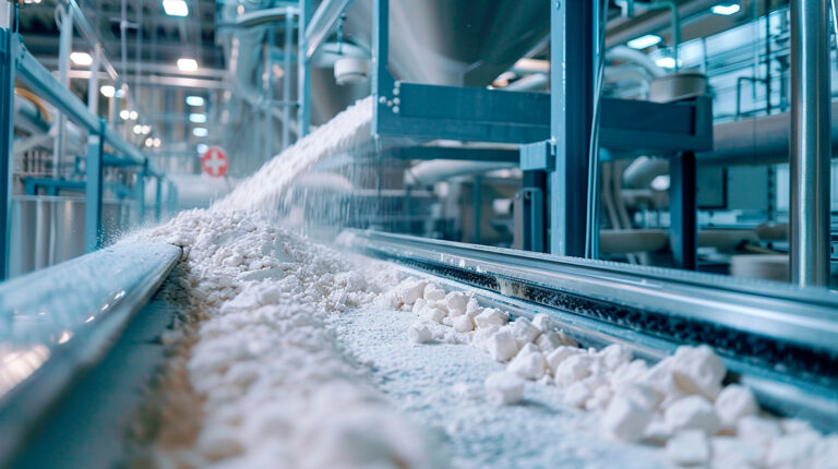 flour in the factory industry. selective focus. food.