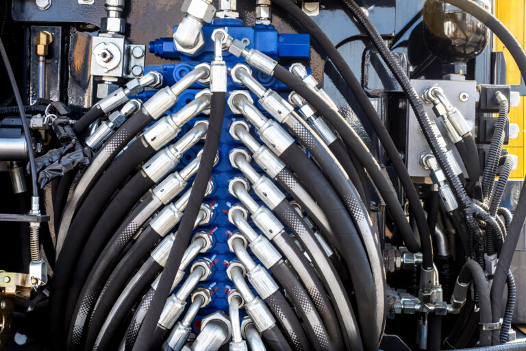 Hydraulic equipment. High pressure hose. RVD hoses with fittings. Industrial hydraulic equipment. Fragment of mechanism of construction equipment. Hydraulic industrial technology.